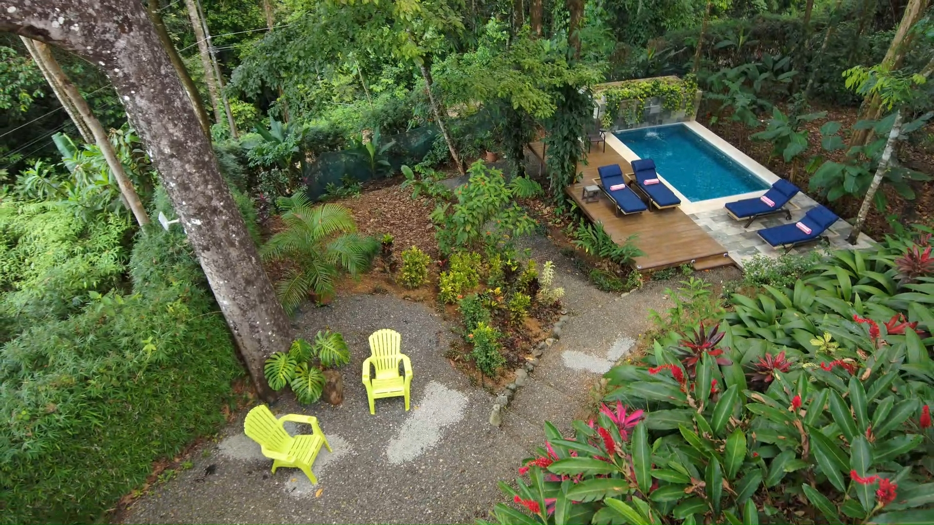 Garden path leading down to the pool deck