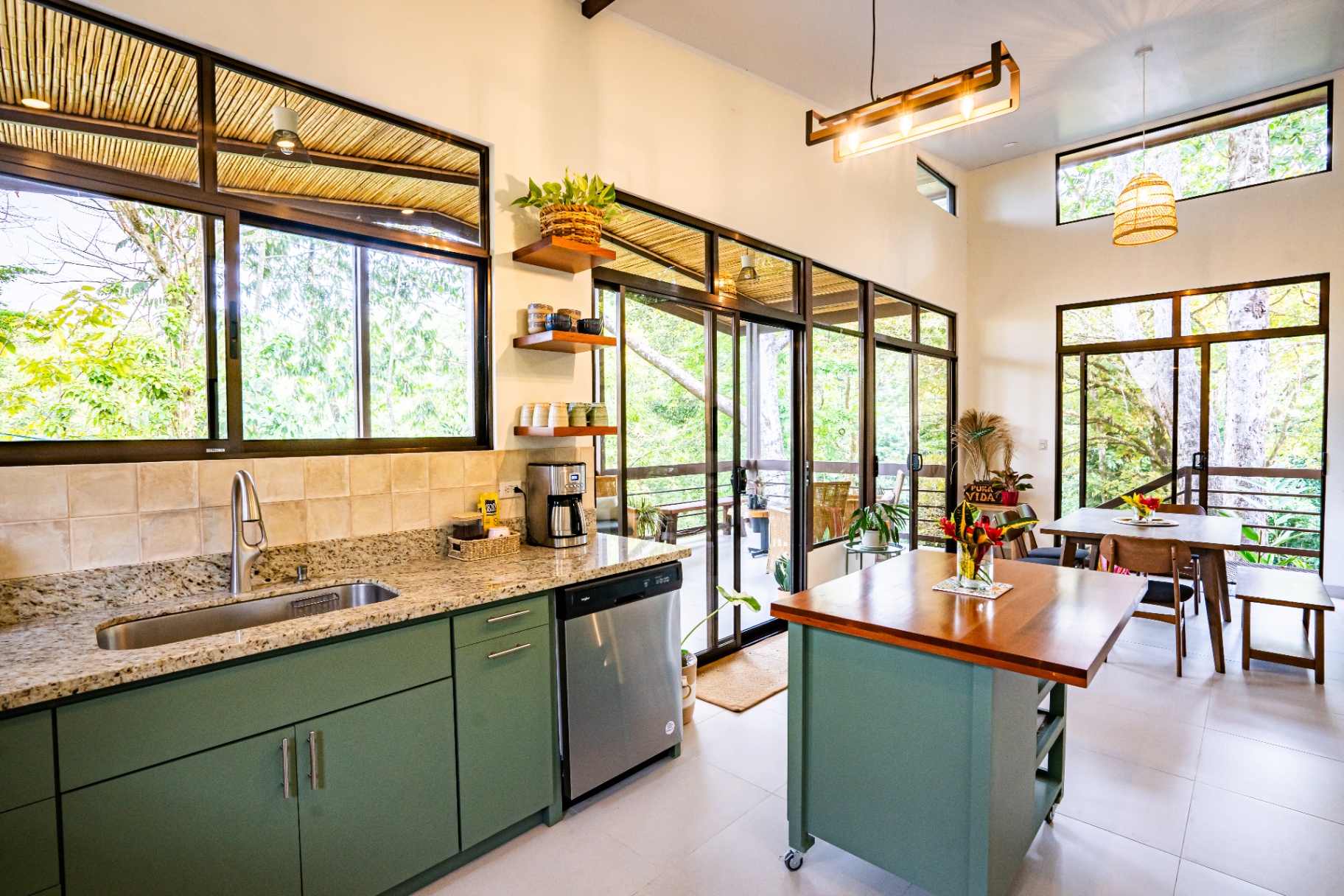Stainless steel appliances and prep area in the Casa Aluem kitchen
